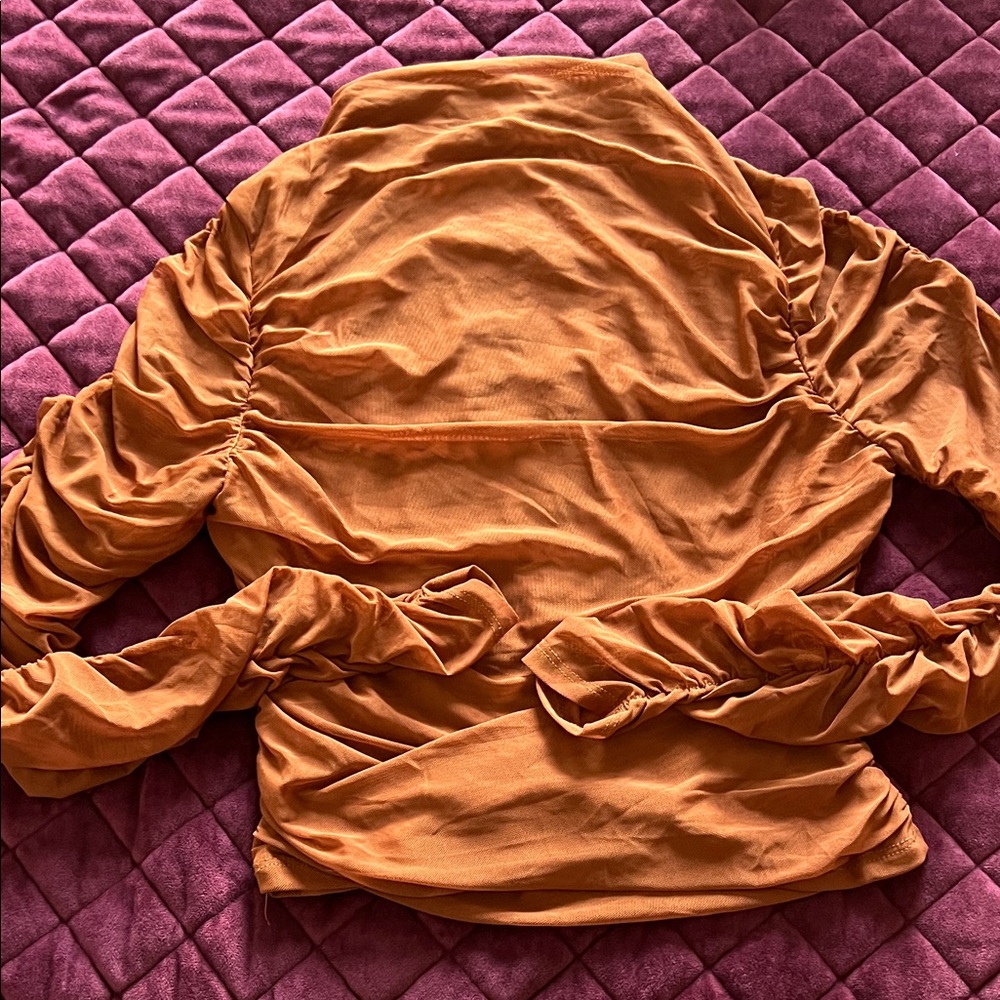 Fashion Nova Orange Ruched Mesh Long Sleeve Top